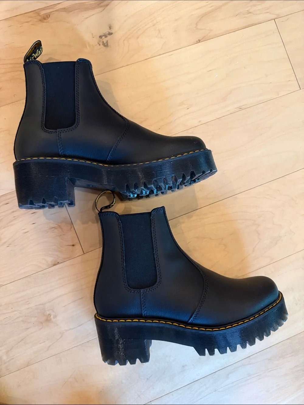 Dr. Martens Black Leather Chelsea Ankle Boots with Yellow Stitching